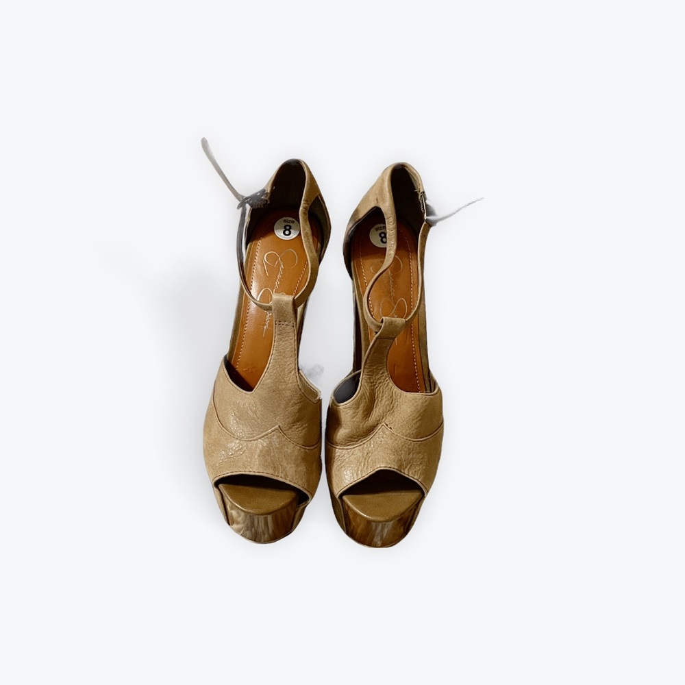 Jessica Simpson tan 6inch platform wood heel shoes